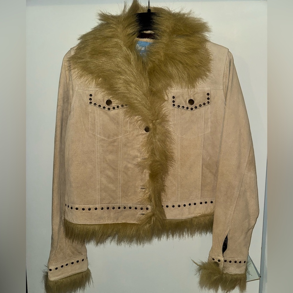 Elegant Beige Faux Fur Women's Leather Jacket